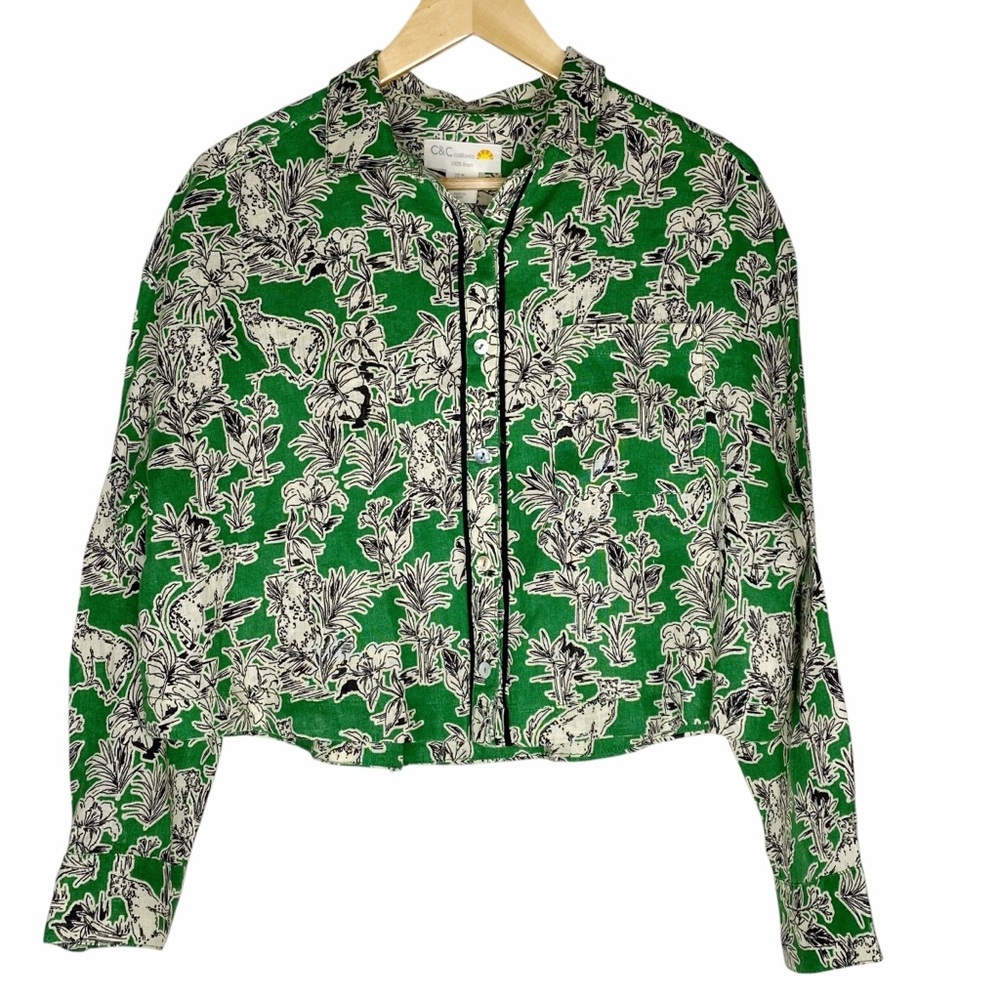 C & C California 100% Linen Shirt Animal Jungle Button Down Top Green Medium